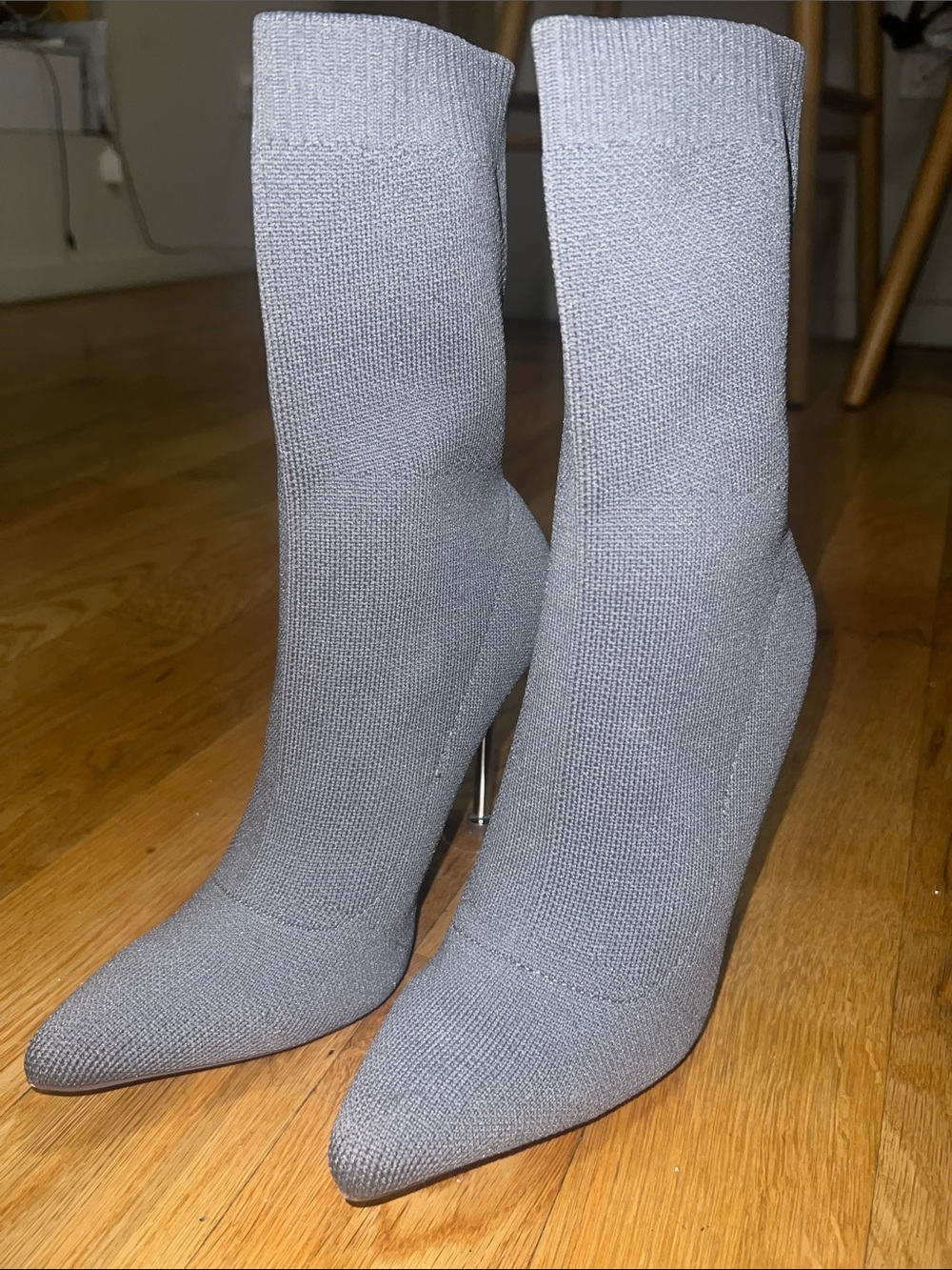 Miss Lola Gray Knit Sock Stiletto Booties